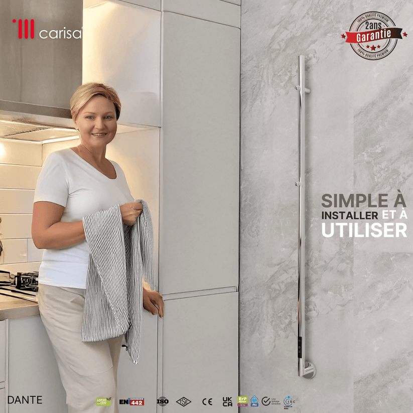 Alt Tag: sèche-serviettes Carisa Dante électrique en acier inoxydable finition satinée polie, simple à installer et à utiliser