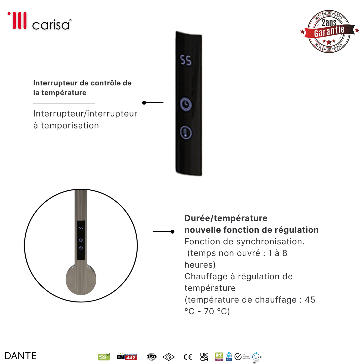 Panneau de commande du sèche-serviettes Carisa Dante en acier inox finition satinée polie, réglage température et minuterie