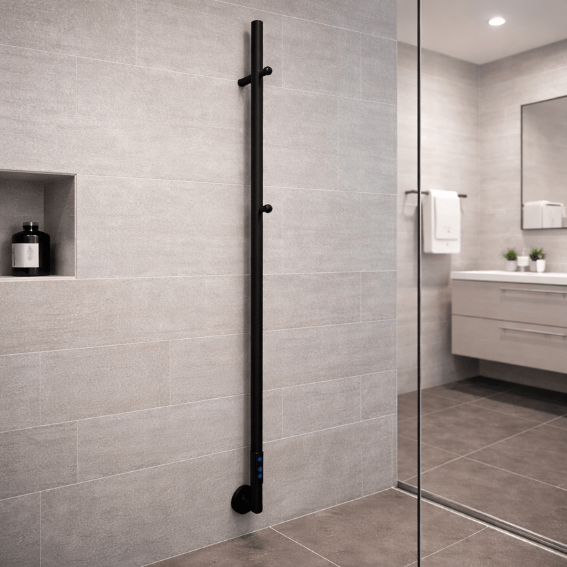 Alt Tag: sèche-serviettes Carisa Dante électrique inox noir mat, design contemporain mural pour salle de bain moderne