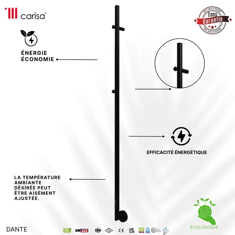 Alt Tag: sèche-serviettes électrique Carisa Dante noir mat en inox, économie d’énergie, efficacité énergétique, garantie 2 ans