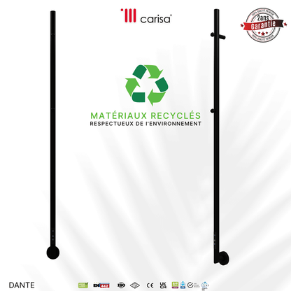 Alt Tag: sèche-serviettes Carisa Dante électrique inox noir mat, matériaux recyclés, respectueux de l’environnement, garantie 2 ans