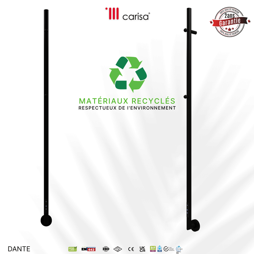 Alt Tag: sèche-serviettes Carisa Dante électrique inox noir mat, matériaux recyclés, respectueux de l’environnement, garantie 2 ans