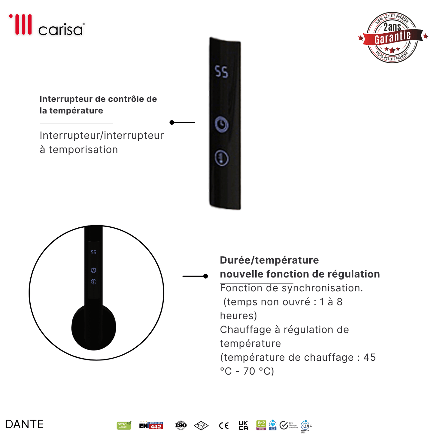 Alt Tag: Commande sèche-serviettes Carisa Dante noir mat avec interrupteur température et minuterie, régulation 45–70°C, garantie 2 ans