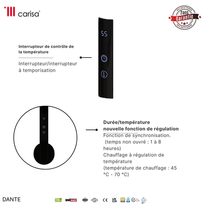 Alt Tag: Commande sèche-serviettes Carisa Dante noir mat avec interrupteur température et minuterie, régulation 45–70°C, garantie 2 ans