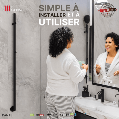 Alt Tag: sèche-serviettes Carisa Dante noir mat en acier inoxydable, installation simple et utilisation facile, salle de bain moderne