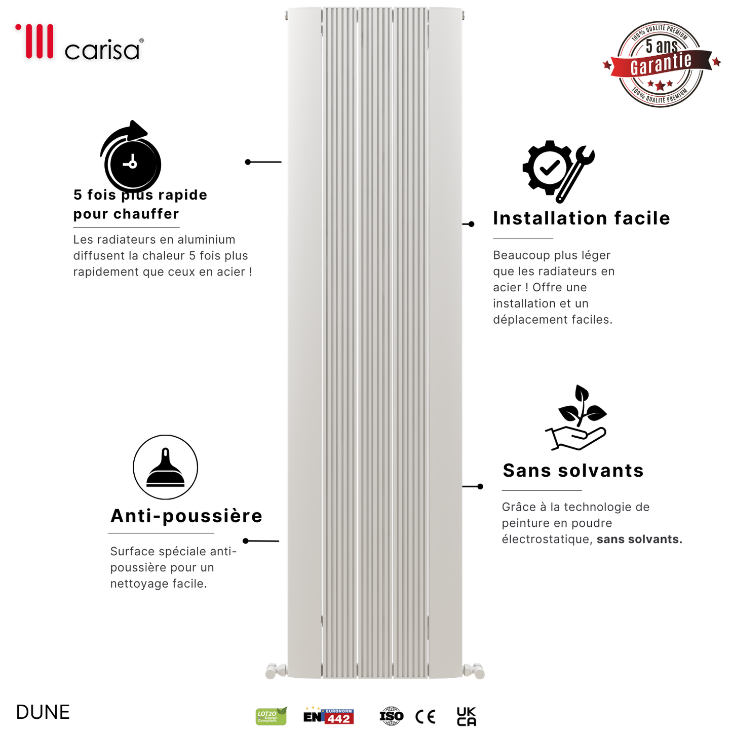 Carisa Dune Radiateur en Aluminium Vertical Design Moderne Blanc