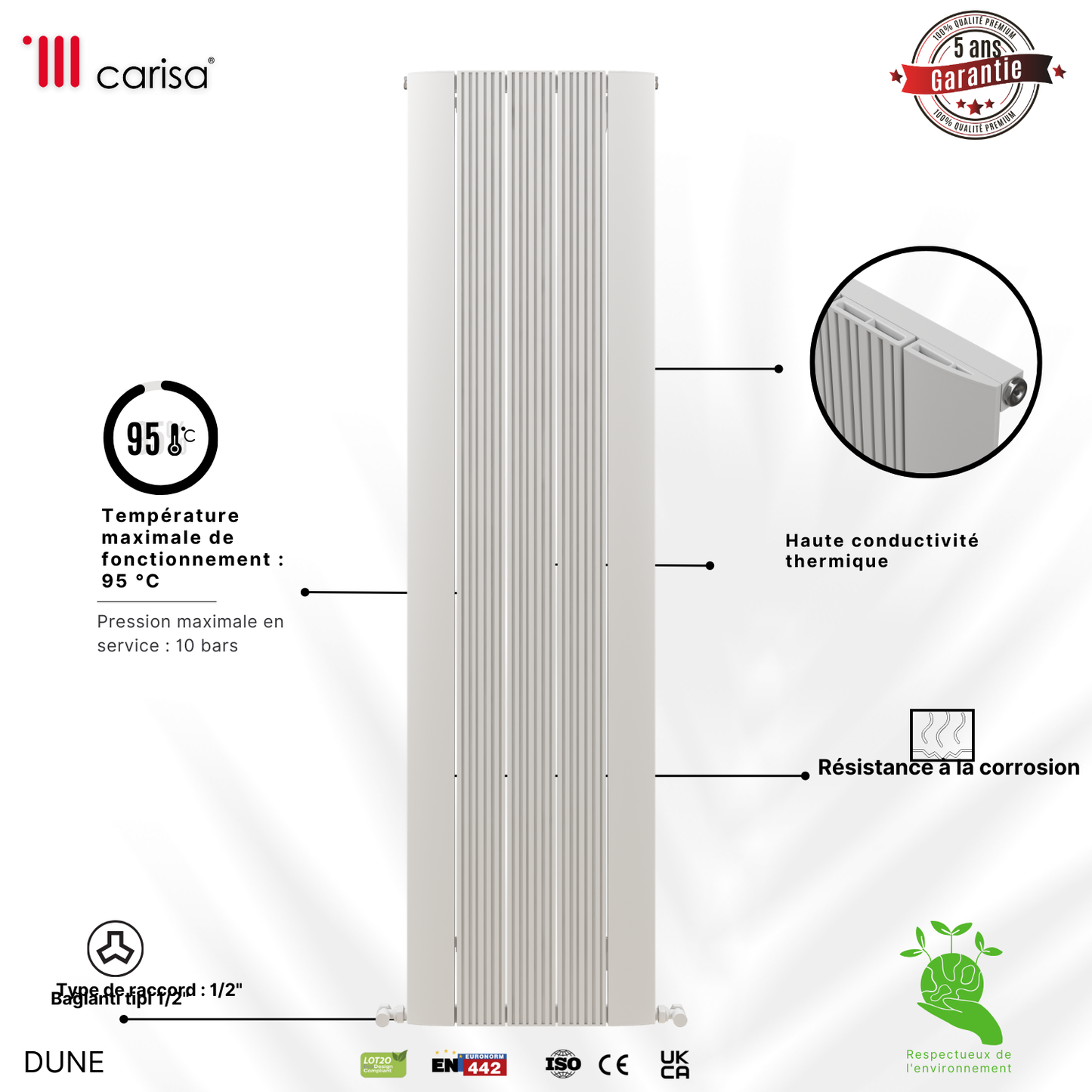 Carisa Dune Radiateur en Aluminium Vertical Design Moderne Blanc