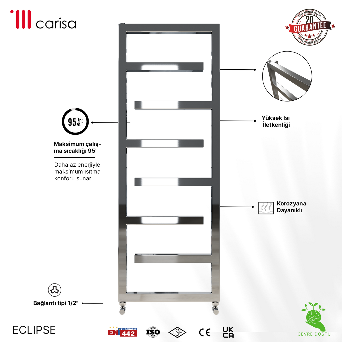 Carisa Eclipse Sèche-Serviettes en Acier Inoxydable Design Moderne Miroir Poli