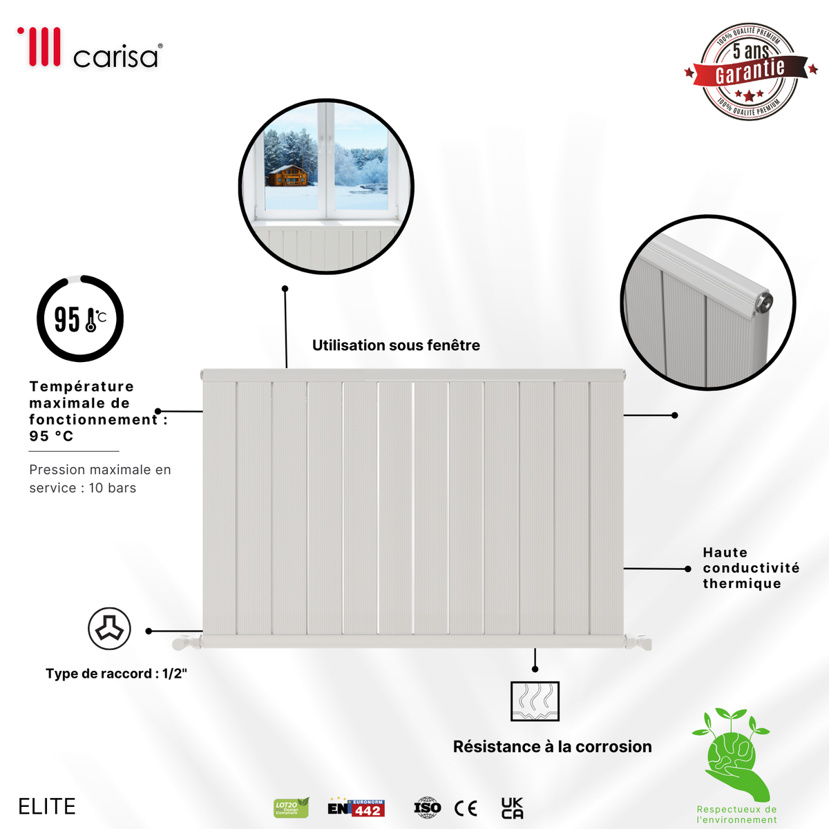 Carisa Elite Radiateur en Aluminium Horizontal Design Moderne Blanc