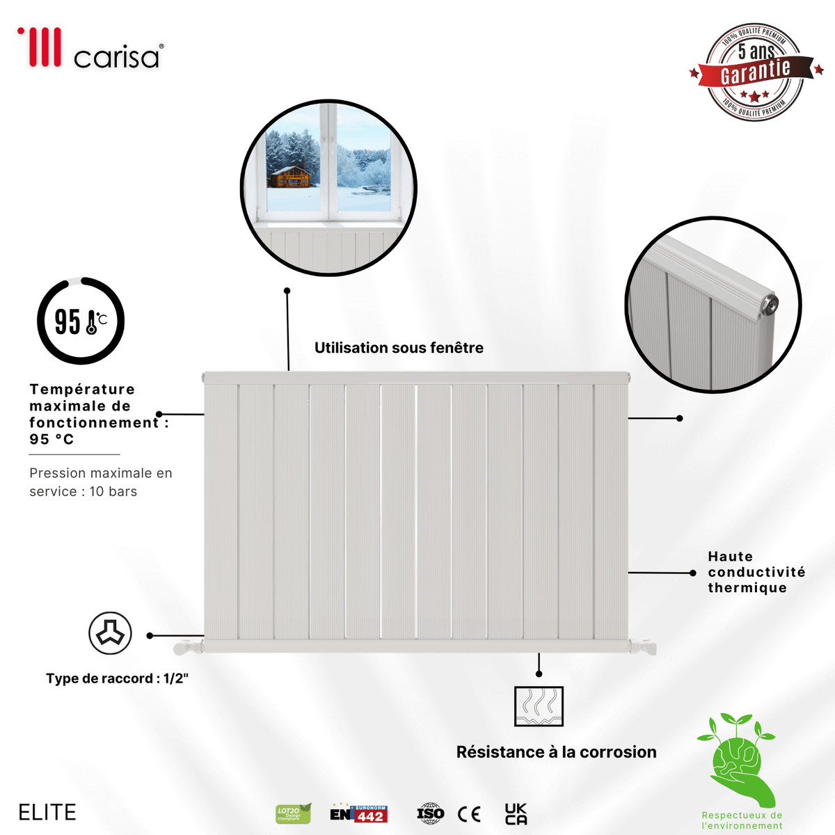 Carisa Elite Radiateur en Aluminium Horizontal Design Moderne Glossy Blanc