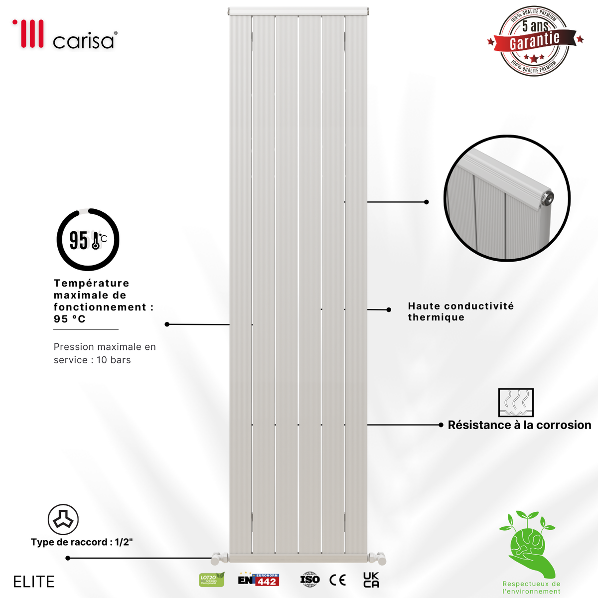 Carisa Elite Radiateur en Aluminium Vertical Design Moderne Glossy Blanc