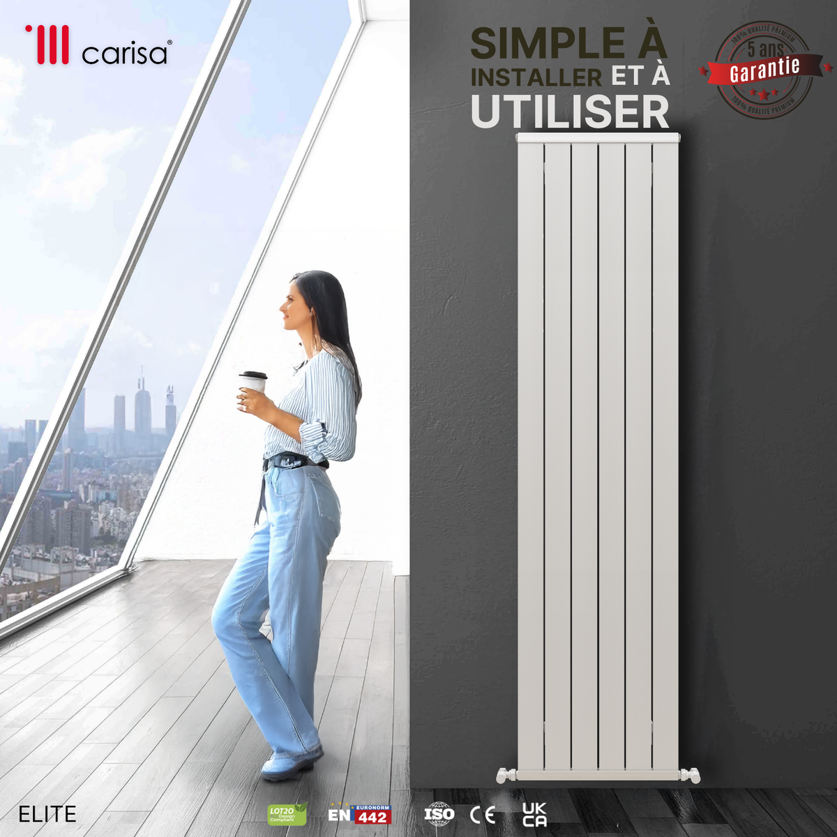 Carisa Elite Radiateur en Aluminium Vertical Design Moderne Glossy Blanc