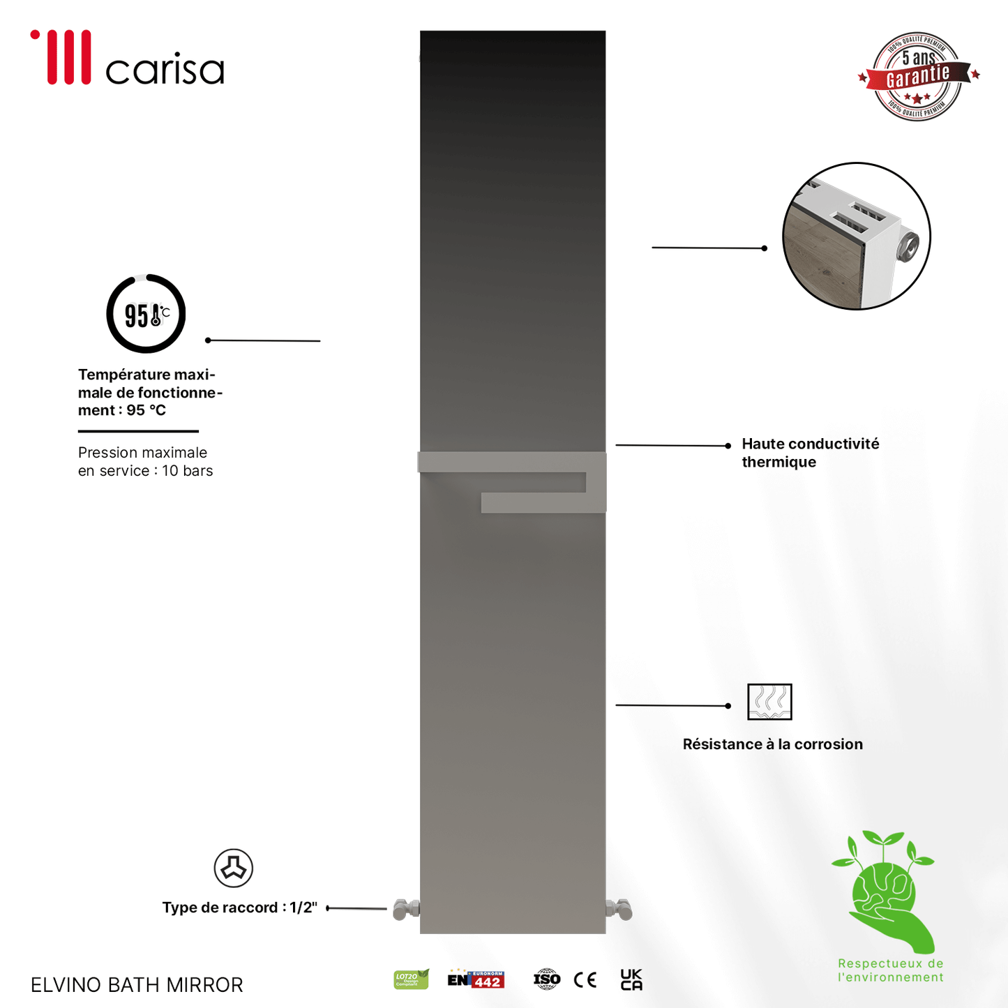 Carisa Elvino Bath Mirror Sèche-Serviettes en Aluminium Design Moderne Blanc