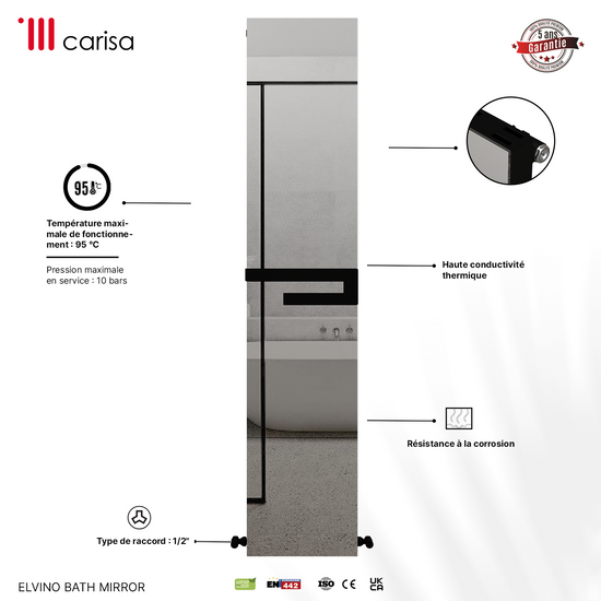 Carisa Elvino Bath Mirror Sèche-Serviettes en Aluminium Design Moderne Noir