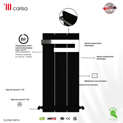 Carisa Elvino Bath noir, sèche serviette design moderne radiateur aluminium, haute conductivité thermique, résistant à la corrosion
