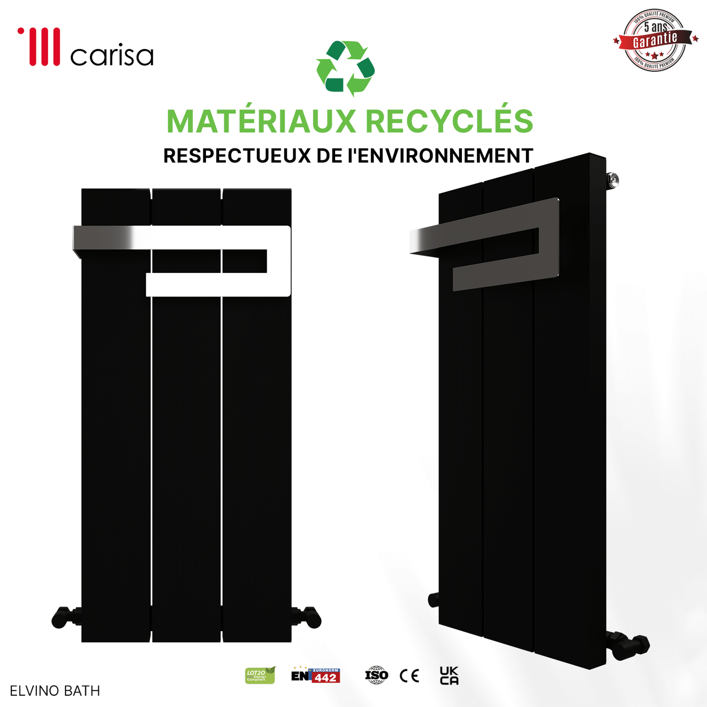 sèche serviette design moderne radiateur aluminium Carisa Elvino Bath noir, matériaux recyclés respectueux de l’environnement, garantie 5 ans