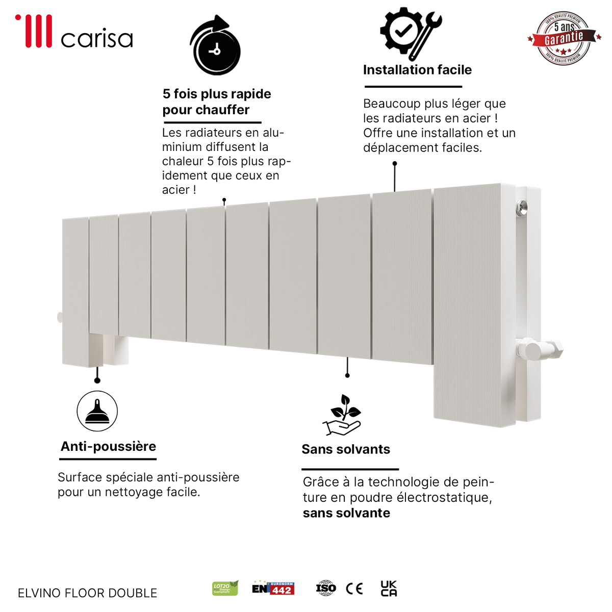 Carisa Elvino Floor Radiateur en Aluminium Horizontal Design Moderne Blanc