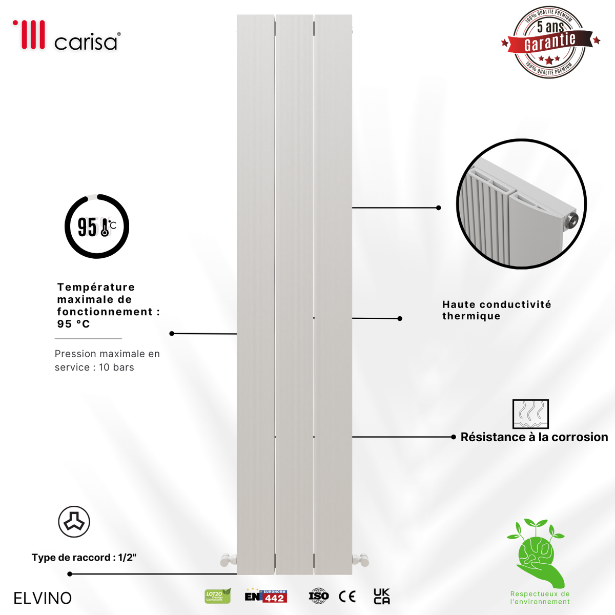 Carisa Elvino Radiateur en Aluminium Vertical Design Moderne Blanc