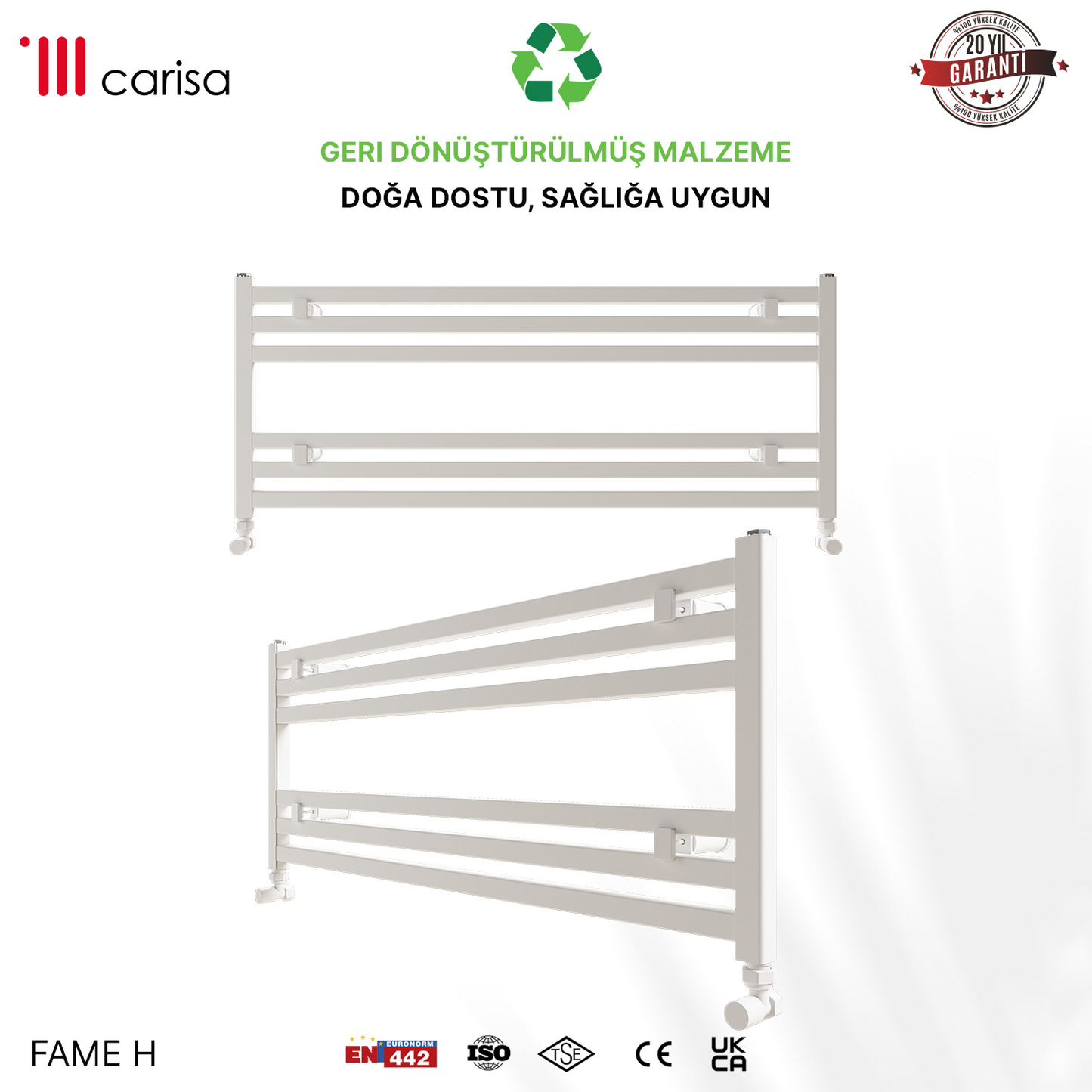 sèche-serviettes en aluminium design moderne Carisa Fame H blanc, radiateur porte-serviettes mural, matériaux recyclés, garantie 20 ans