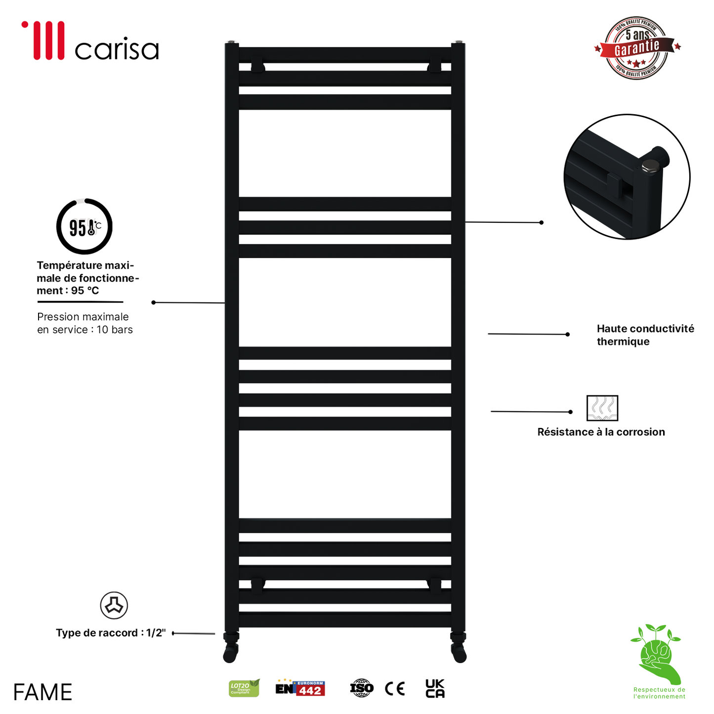 Carisa Fame sèche serviette design moderne radiateur aluminium en aluminium noir, 95°C, 10 bars, haute conductivité, résistance corrosion