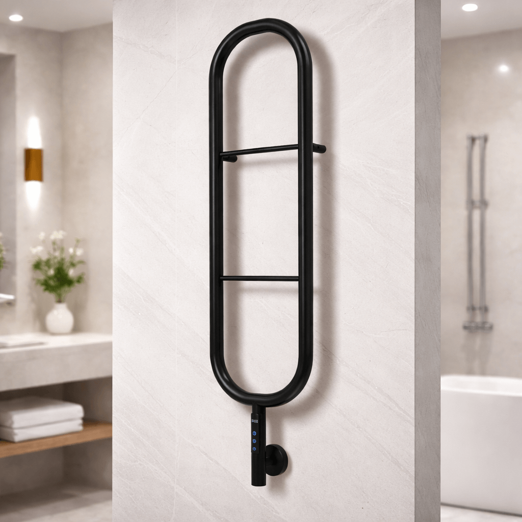 Alt Tag: sèche-serviettes électrique Carisa Felix en inox noir mat, design contemporain mural pour salle de bain