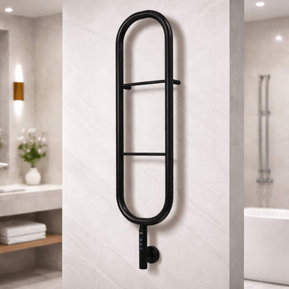 Alt Tag: sèche-serviettes électrique Carisa Felix en inox noir mat, design contemporain mural pour salle de bain