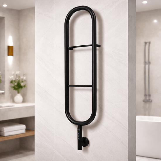 Alt Tag: sèche-serviettes électrique Carisa Felix en inox noir mat, design contemporain mural pour salle de bain