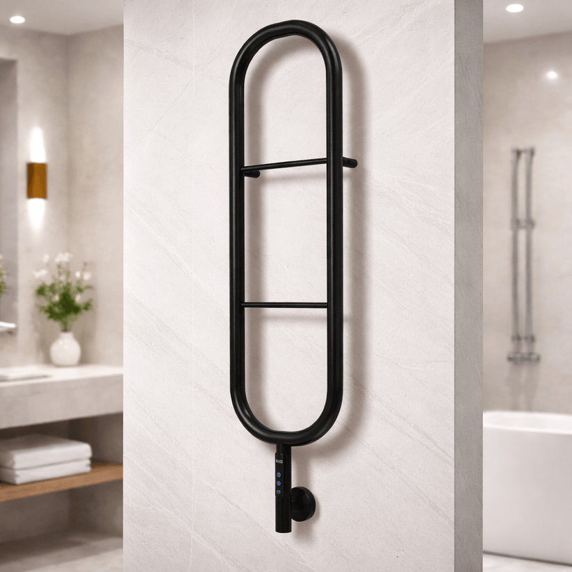 Alt Tag: sèche-serviettes électrique Carisa Felix en inox noir mat, design contemporain mural pour salle de bain