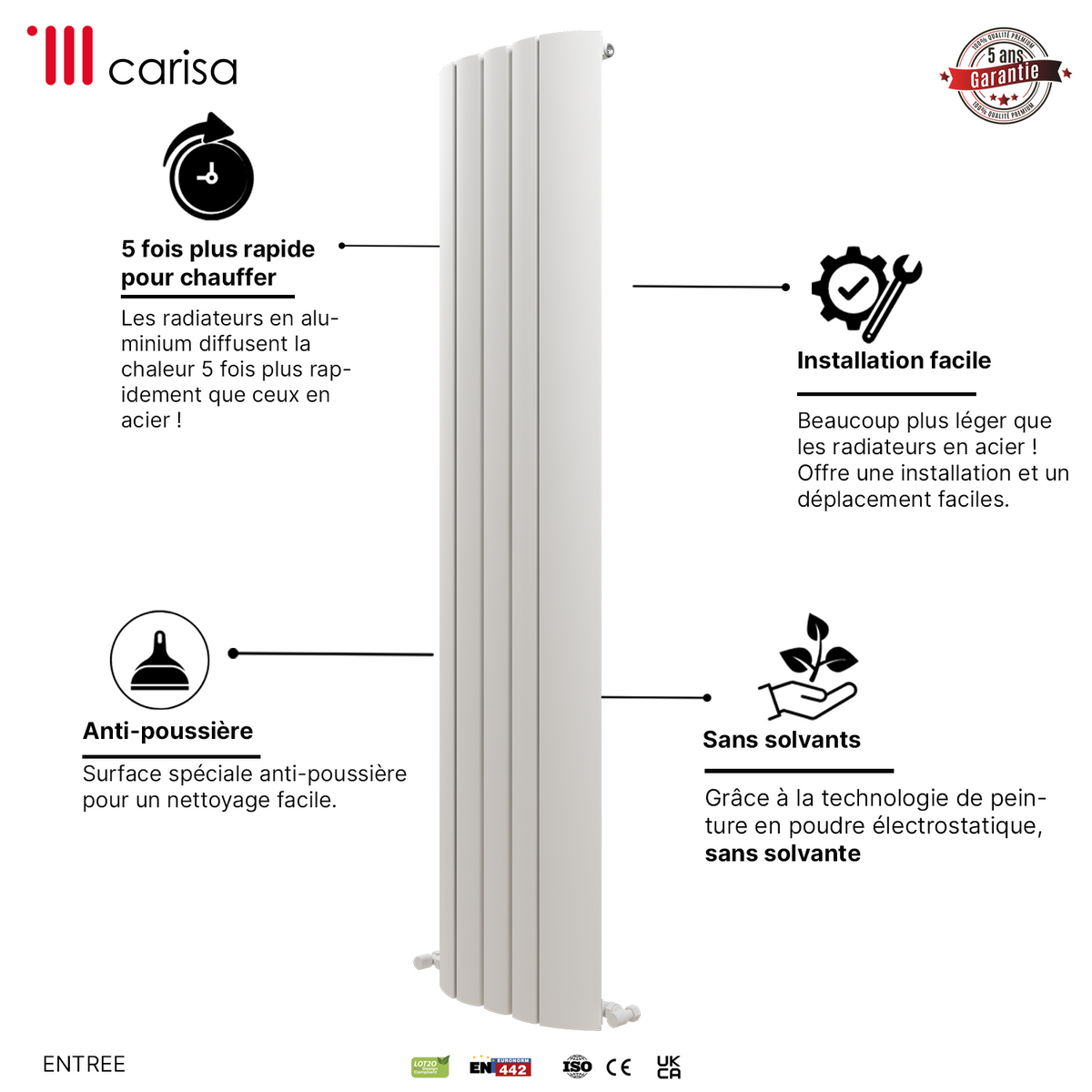 Carisa Gaia Radiateur en Aluminium Vertical Design Moderne Blanc