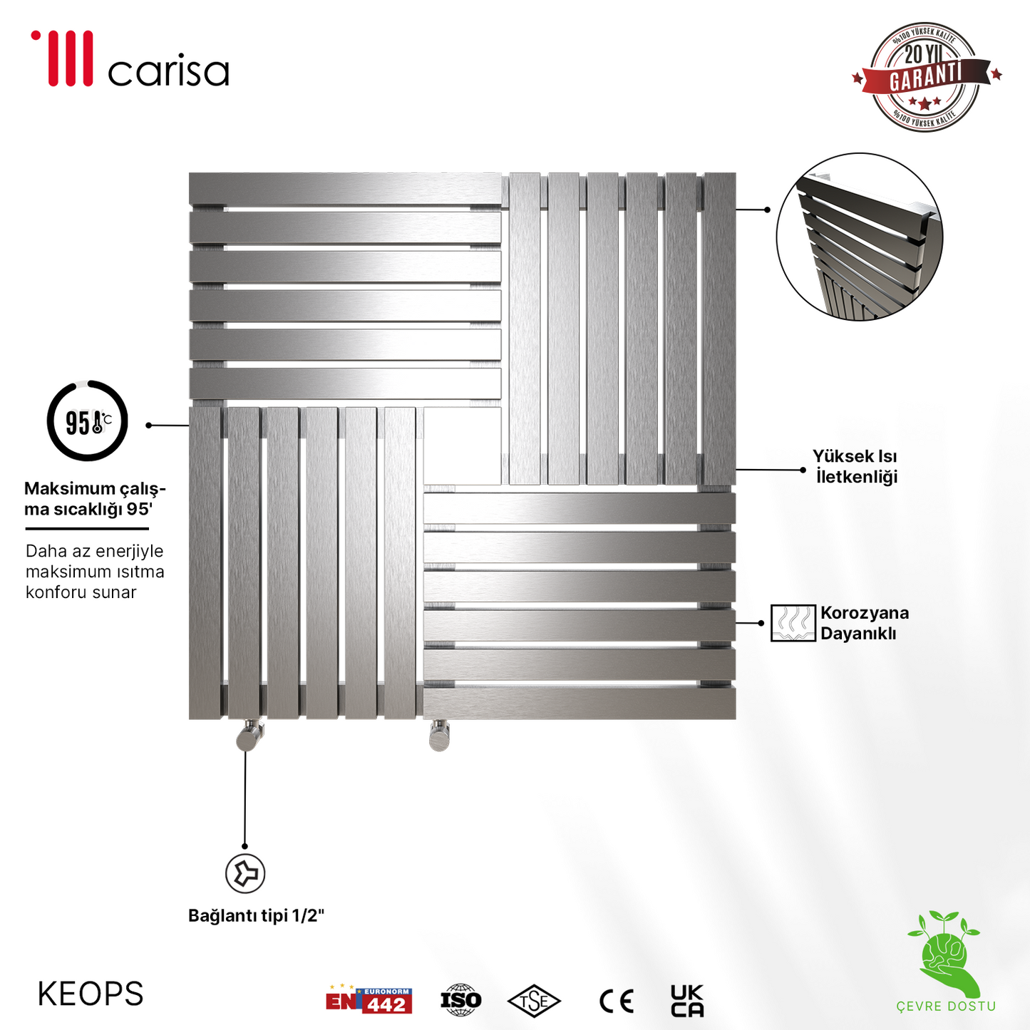 Carisa Keops Radiateur en Acier Inoxydable Horizontal Design Moderne Satiné Poli