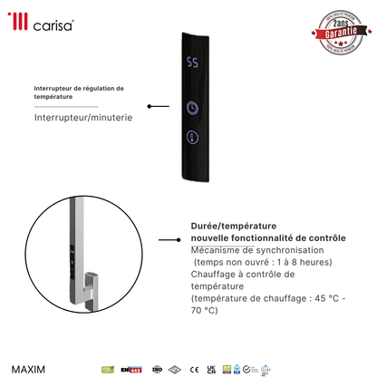 Alt Tag: sèche-serviettes Carisa Maxim en inox miroir poli, commande interrupteur/minuterie et régulation température, garantie 2 ans