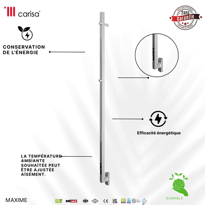 sèche-serviettes Carisa Maxim inox miroir poli, efficacité énergétique, réglage température, garantie 2 ans