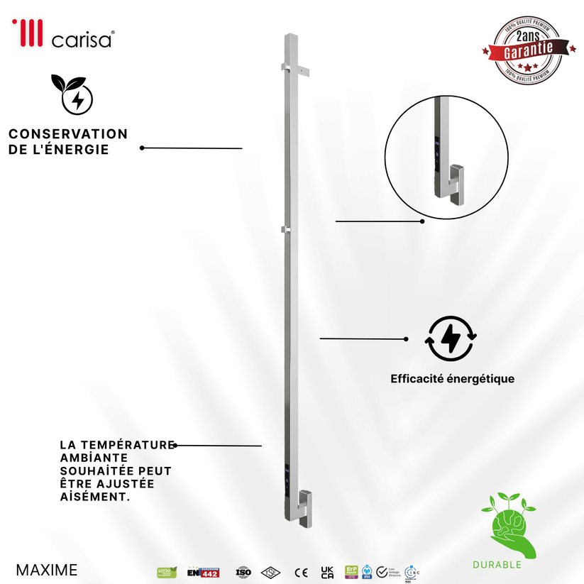 sèche-serviettes Carisa Maxim inox miroir poli, efficacité énergétique, réglage température, garantie 2 ans