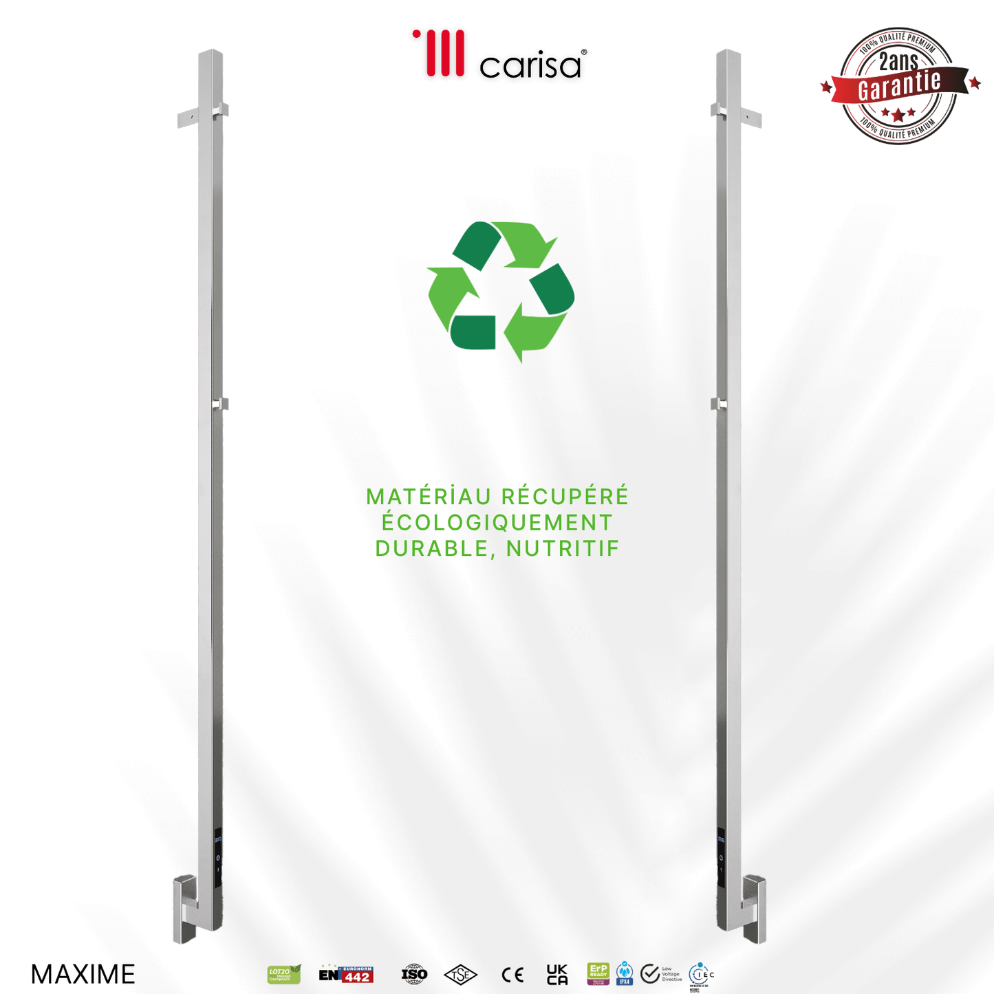 sèche-serviettes Carisa Maxim en inox miroir poli, radiateur porte-serviettes électrique, 2 ans garantie, matériau récupéré durable