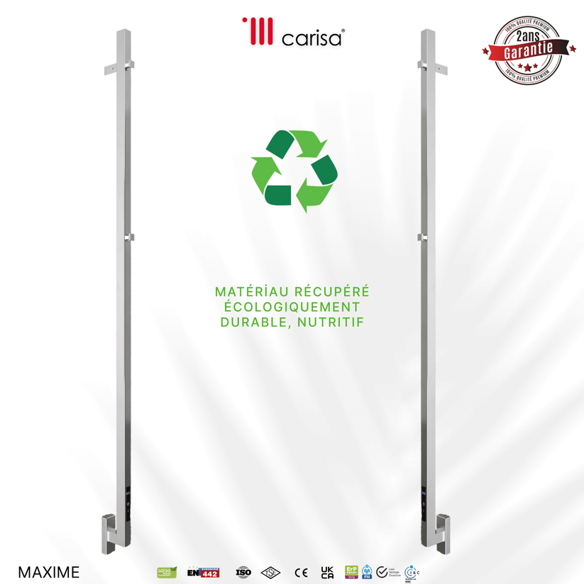 sèche-serviettes Carisa Maxim en inox miroir poli, radiateur porte-serviettes électrique, 2 ans garantie, matériau récupéré durable