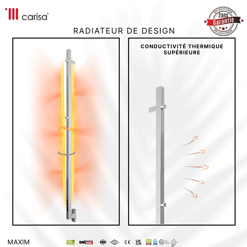 sèche-serviettes Carisa Maxim électrique en inox miroir poli, radiateur design à conductivité thermique supérieure, garantie 2 ans