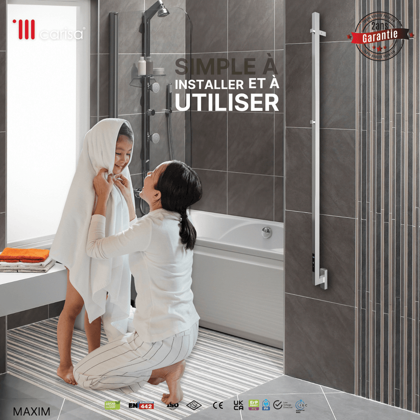 sèche-serviettes Carisa Maxim en inox miroir poli dans salle de bain moderne, installation simple et utilisation facile