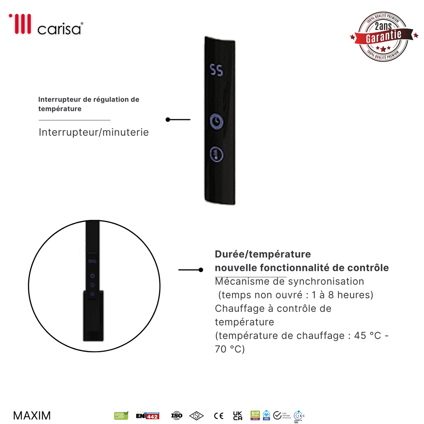 sèche-serviettes Carisa Maxim noir mat : commande minuterie et régulation de température 45-70°C, garantie 2 ans