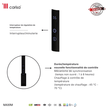sèche-serviettes Carisa Maxim noir mat : commande minuterie et régulation de température 45-70°C, garantie 2 ans