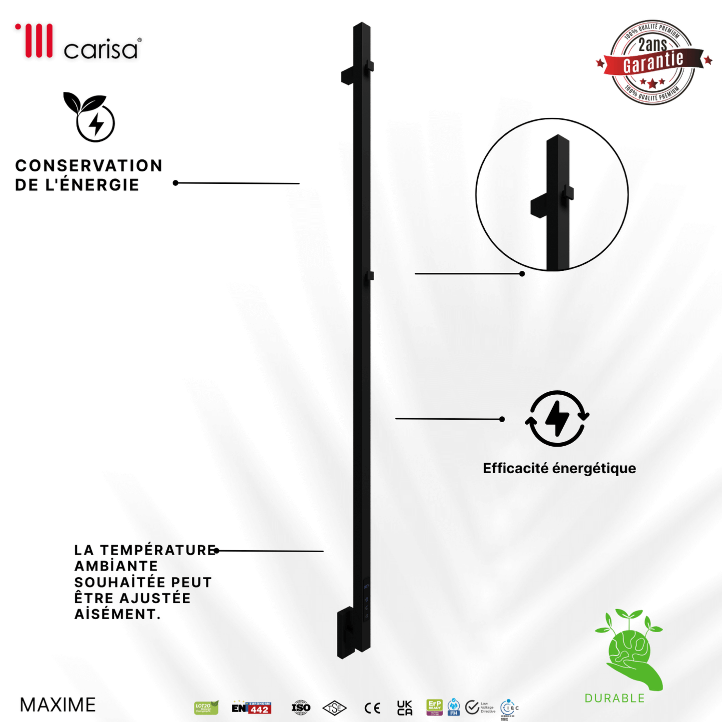 sèche-serviettes Carisa Maxim en inox noir mat, radiateur électrique mural éco-énergie, température ajustable, garantie 2 ans