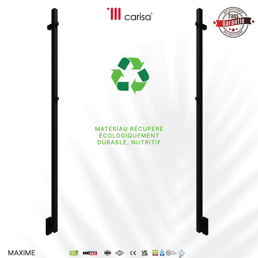 sèche-serviettes Carisa Maxim en inox noir mat, matériau récupéré écoresponsable, garantie 2 ans