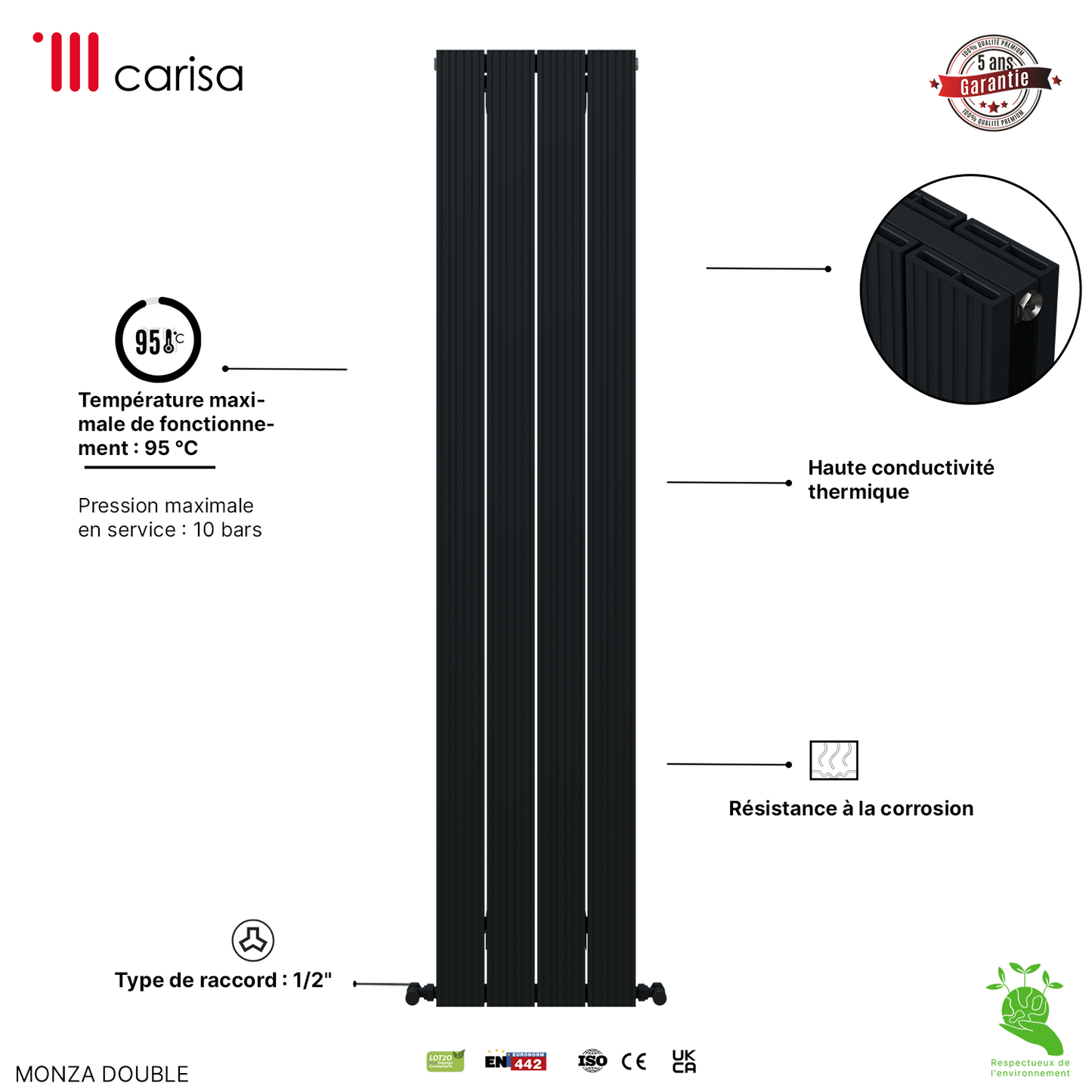 Carisa Monza Double (Reverse Side Nemo) Radiateur en Aluminium Vertical Design Moderne Gris foncé