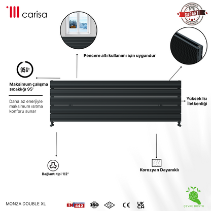 Carisa Monza Double Xl Radiateur en Aluminium Horizontal Design Moderne Anodisé Poli