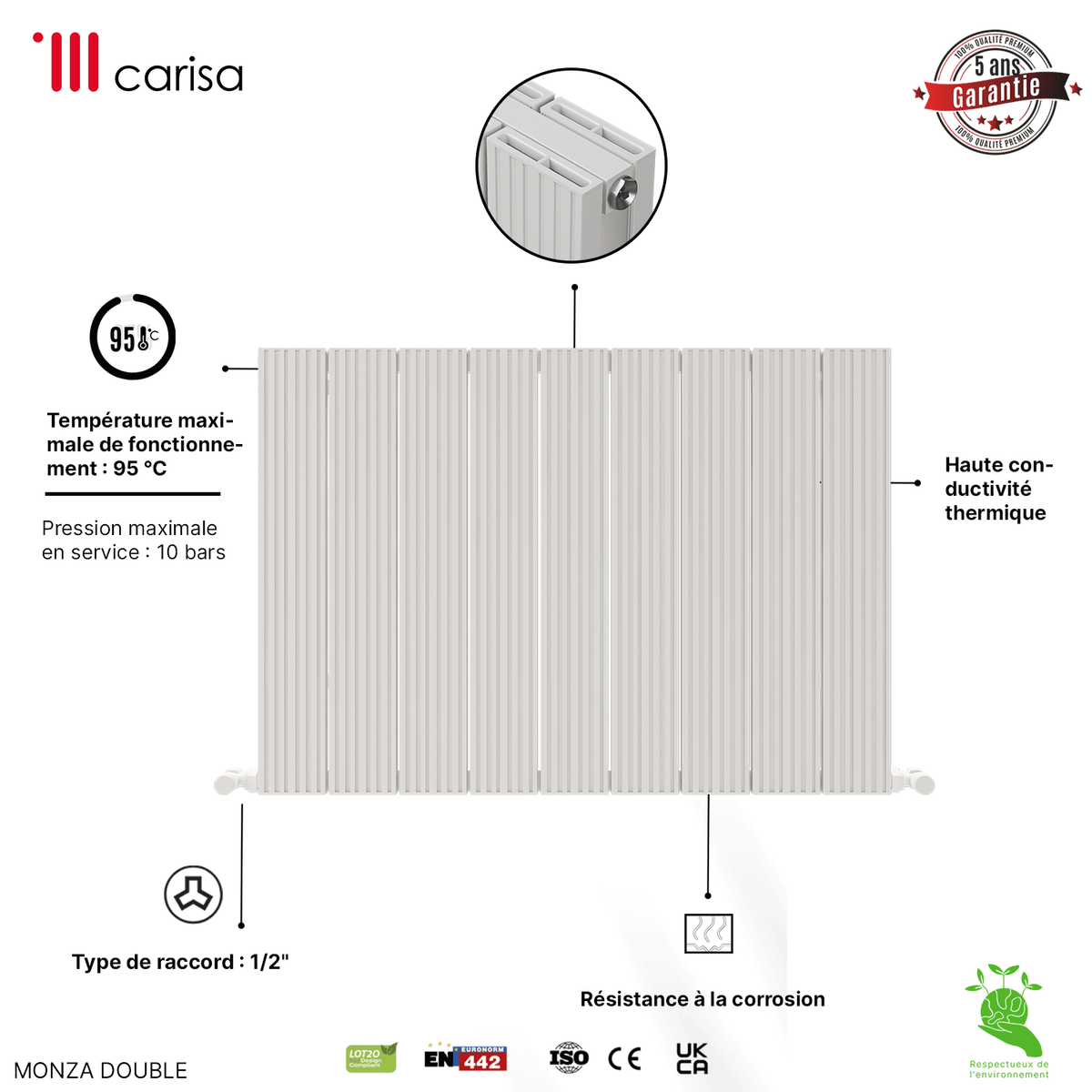 Carisa Monza Radiateur en Aluminium Horizontal Design Moderne Blanc