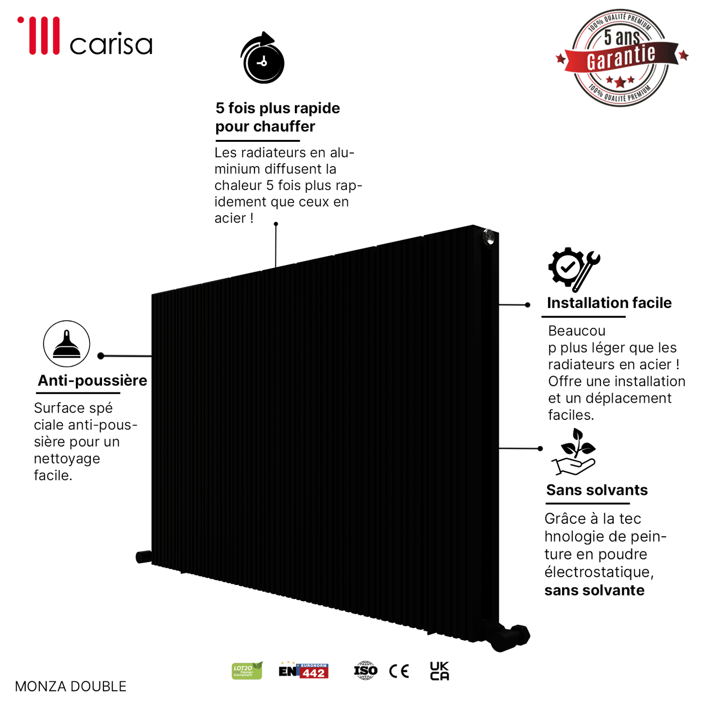 Carisa Monza Radiateur en Aluminium Horizontal Design Moderne Noir