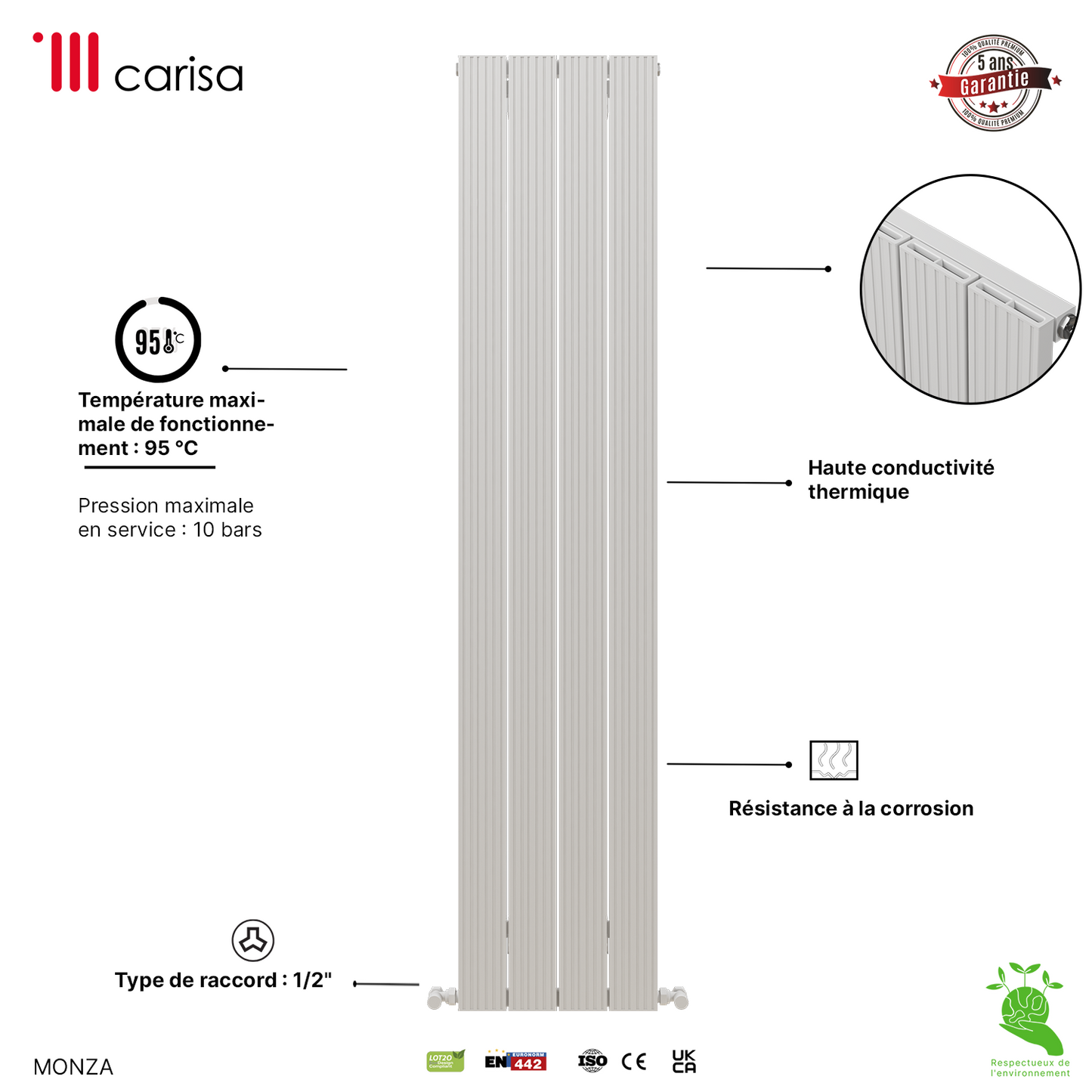 Carisa Monza Radiateur en Aluminium Vertical Design Moderne Anodisé Polisaj