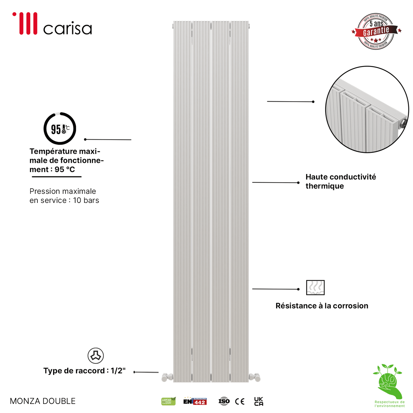 Carisa Monza Radiateur en Aluminium Vertical Design Moderne Blanc