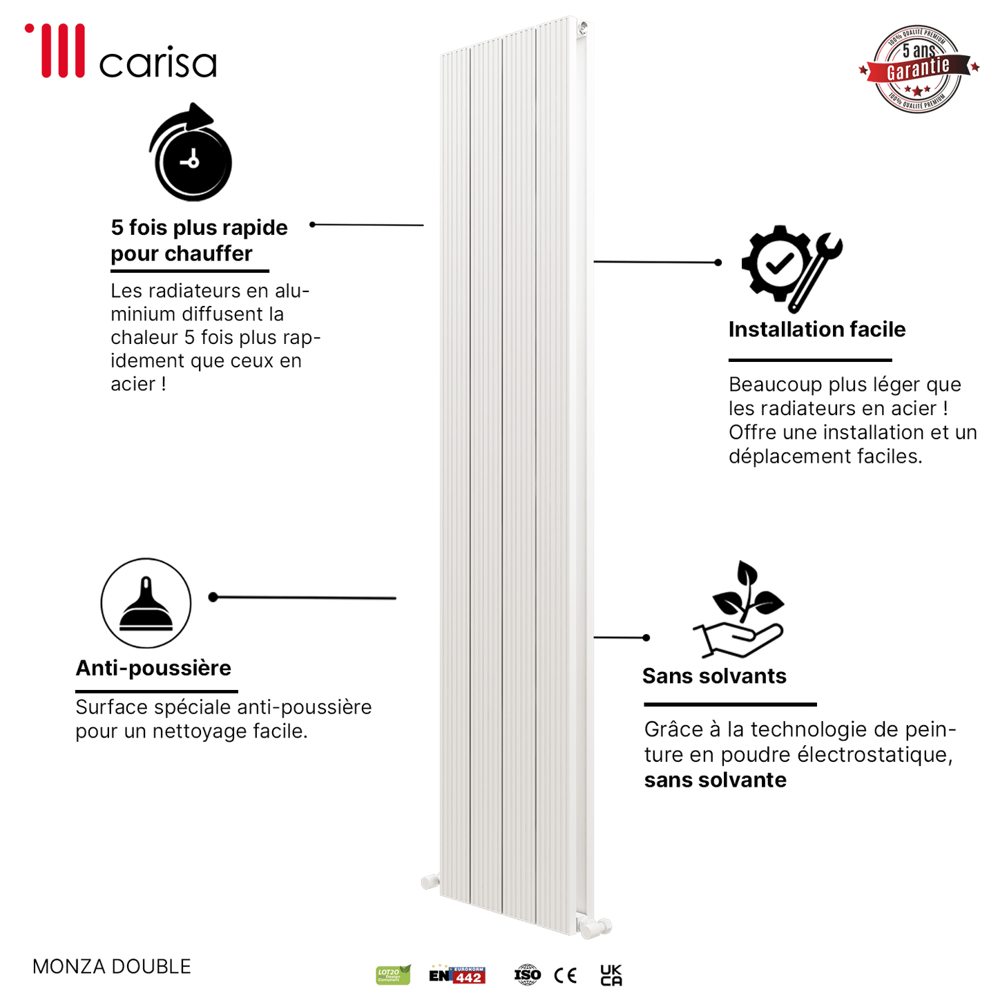 Carisa Monza Radiateur en Aluminium Vertical Design Moderne Blanc