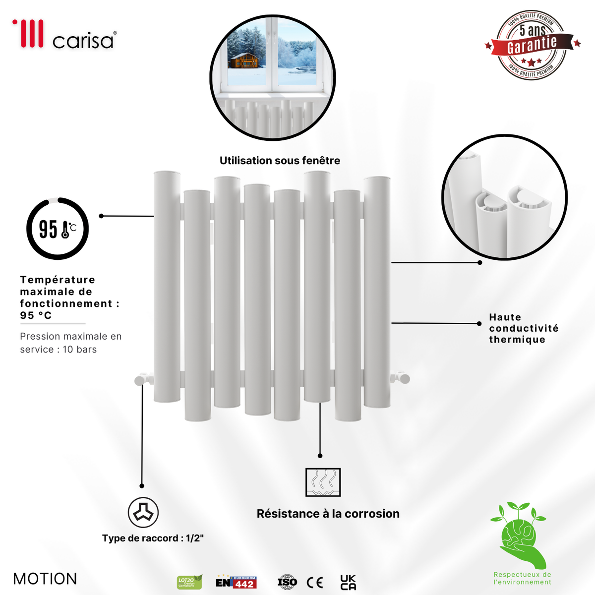 Carisa Motion Radiateur en Aluminium Horizontal Design Moderne Blanc