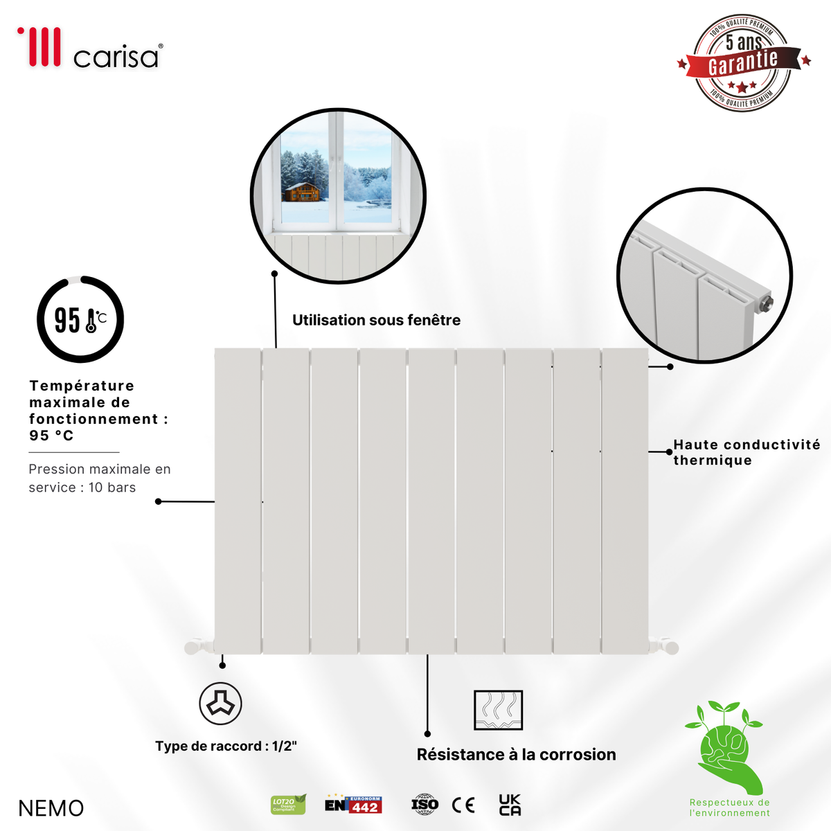 Carisa Nemo Double Radiateur en Aluminium Horizontal Design Moderne Anodisé Poli